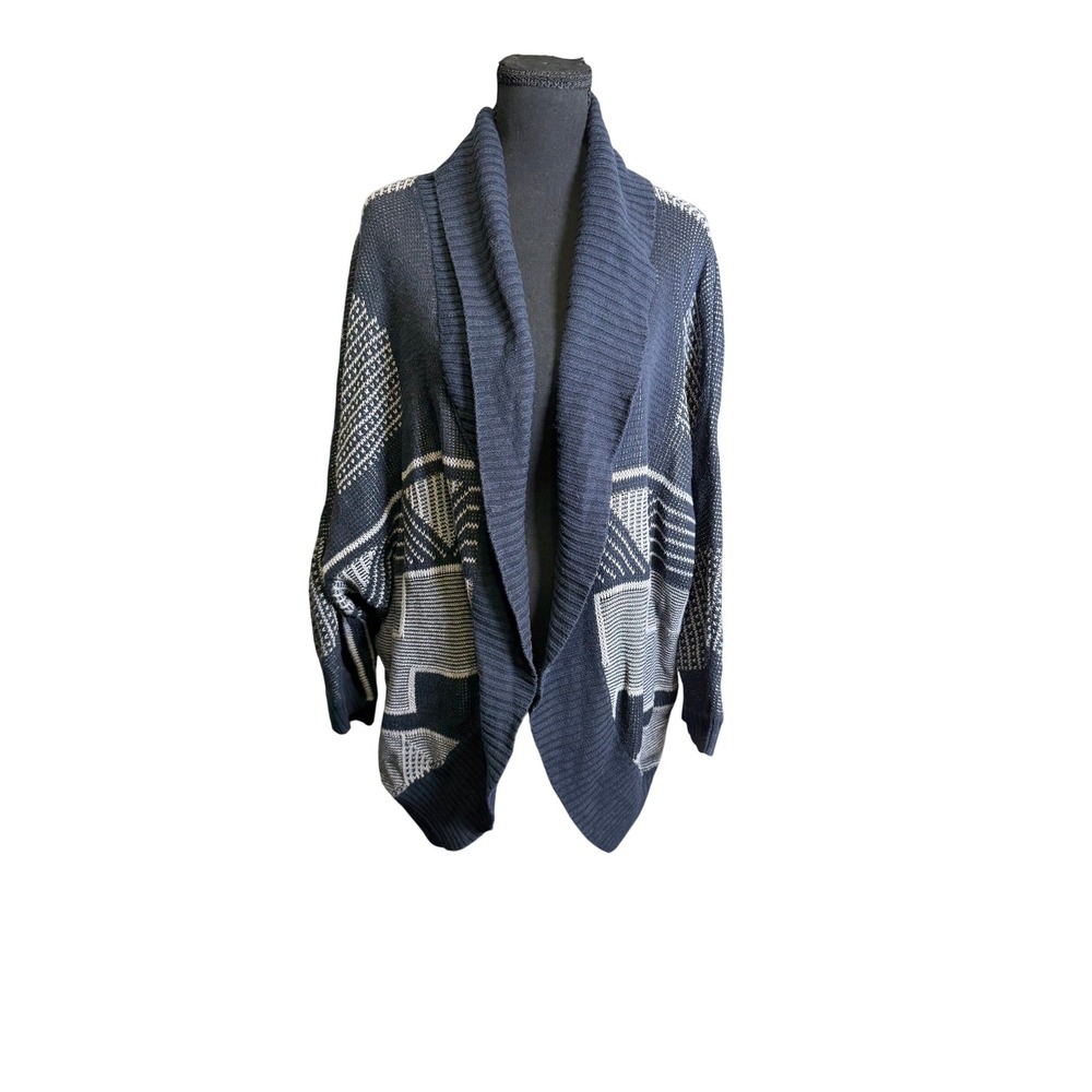 BP Cardigan Women M/L Navy Blue Excellent Geometric Shawl Collar Open Front